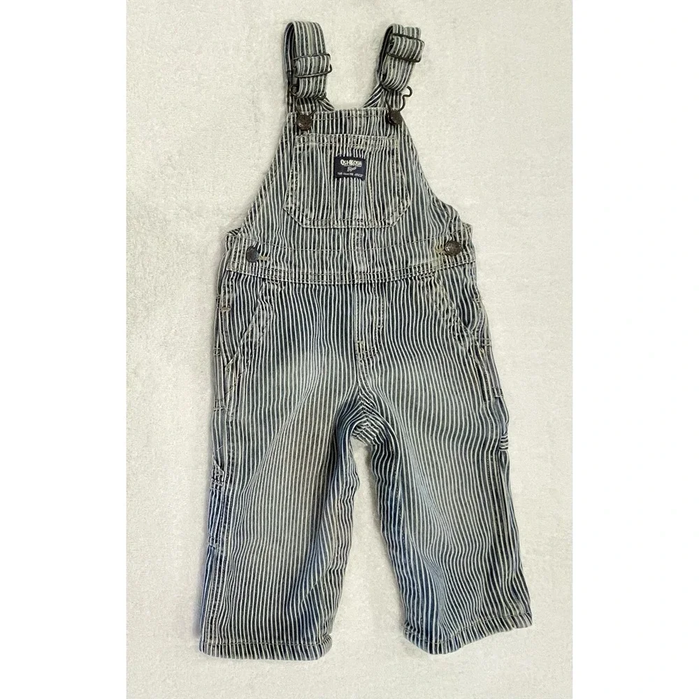 OshKosh B'Gosh 12 M Hickory Stripe Railroad Bib Overalls Toddler Engineer Denim